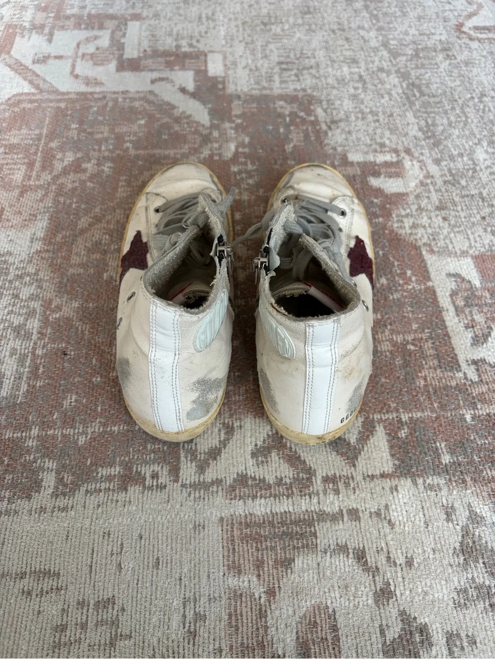 Golden Goose White Leather High-Top Sneakers with Maroon Star